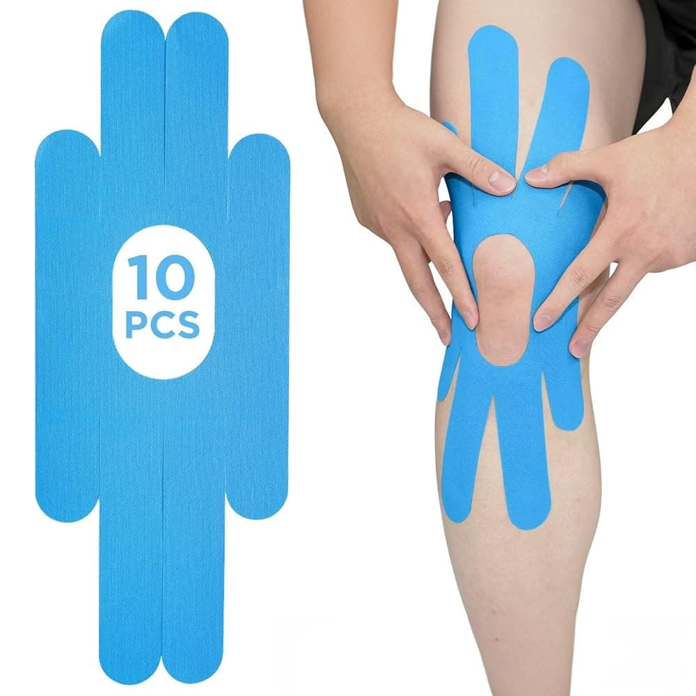 Vorgeschnittene Kinesiologie-Tape-Strips, angelegt am Knie
